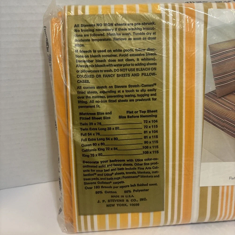 NOS Vintage Stevens Utica Queen Flat Sheet Orange Striped Fancy 1970s No Iron